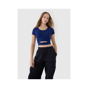 T-shirt crop top gładki damski 4F 4FRSS25TTSHF2695. Niebieskie t-shirty 4f, bez wzorów, z bawełny, bez kołnierzyka, bez ramiączek. Za 34,99 zł.