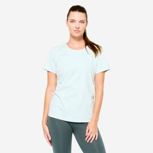 Koszulka damska Domyos Gym & Pilates. Niebieskie bluzki DOMYOS, s, bez wzorów, z bawełny, sportowe, bez kołnierzyka, bez ramiączek. W wyprzedaży za 24,99 zł.