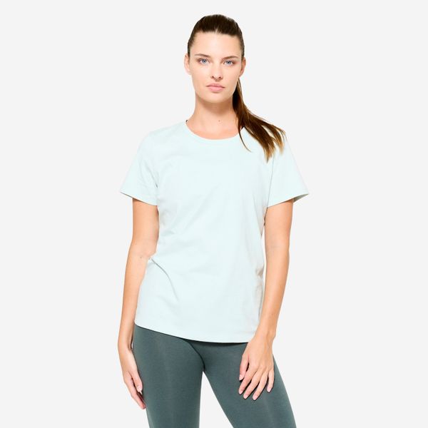 Koszulka damska Domyos Gym & Pilates. Niebieskie bluzki DOMYOS, m, bez wzorów, z bawełny, sportowe, bez kołnierzyka, bez ramiączek. W wyprzedaży za 24,99 zł.