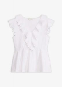 T-shirt z falbanami. Białe t-shirty bonprix, bez wzorów, bez kołnierzyka, bez ramiączek. Za 59,99 zł.