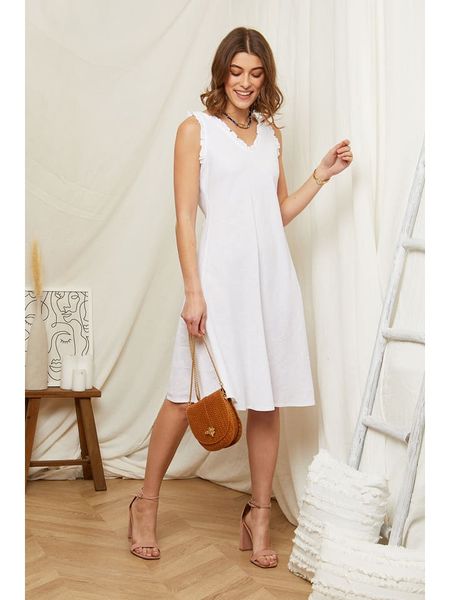 Rodier Lin Lniana sukienka w kolorze białym rozmiar: M/L. Białe sukienki Rodier Lin, l, bez wzorów, ze lnu, bez kołnierzyka, bez ramiączek, midi. Za 140,20 zł.