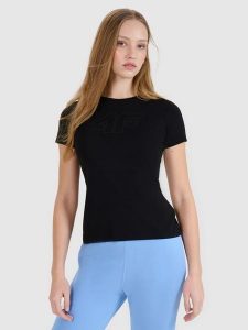 4F T-shirt slim z nadrukiem damski - czarny XS. Czarne t-shirty 4f, xs, bez wzorów, z bawełny, bez kołnierzyka, bez ramiączek. W wyprzedaży za 39,99 zł.