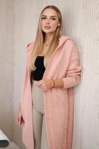 Sweter Kardigan z kapturem ciemny pudrowy róż. Czerwone długie swetry KESI, l, z lycry, bez kołnierzyka, plus size. Za 218,51 zł.