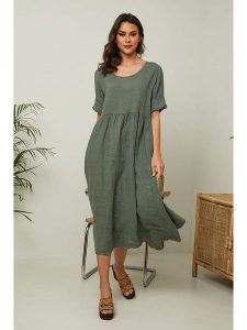 Joséfine Lniana sukienka "Gustav" w kolorze oliwkowym rozmiar: L. Brązowe sukienki Joséfine, l, bez wzorów, ze lnu, bez kołnierzyka, bez ramiączek, midi, rozkloszowane. Za 195,99 zł.