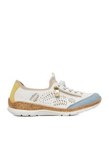 Rieker Półbuty N42K6-80 Biały. Białe półbuty Rieker, bez wzorów, z materiału, bez obcasa, na płaskiej podeszwie, bez zapięcia. Za 359,99 zł.