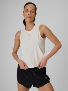 4F Top treningowy regular szybkoschnący damski - biały XS. Białe topy 4f, xs, bez wzorów, z materiału, bez kołnierzyka, bez ramiączek. Za 99,99 zł.