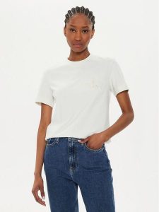 Calvin Klein Jeans T-Shirt Satin Applique J20J223925 Écru Regular Fit. T-shirty Calvin Klein Jeans, xs, bez wzorów, z bawełny, bez kołnierzyka, bez ramiączek. Za 119,99 zł.