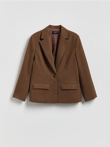 Marynarka z dodatkiem wełny - brązowy. Brązowe marynarki i żakiety Reserved, l, bez wzorów, z tkaniny. Za 299,99 zł.
