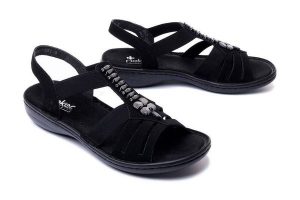 RIEKER 60806-00 black, sandały damskie. Czarne sandały Rieker, bez wzorów, bez obcasa, na koturnie, bez zapięcia. Za 215,92 zł.