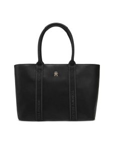 Tommy Hilfiger Torebka Th Logotape Tote AW0AW17198 Czarny. Czarne torebki klasyczne TOMMY HILFIGER, bez wzorów, ze skóry, bez dodatków. Za 359,99 zł.