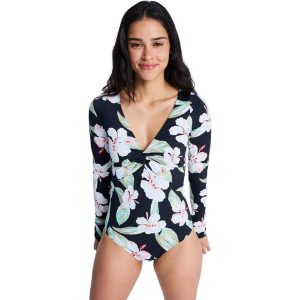 Jednoczęściowy kostium kąpielowy długi rękaw damski BEACH CLASSIC. Czarne stroje jednoczęściowe Roxy, bez wzorów, z elastanu. Za 339,99 zł.