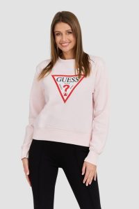 GUESS Różowa damska bluza z dużym logo Original Fleece. Czerwone bluzy Guess, s, z aplikacjami, z bawełny, bez kaptura. W wyprzedaży za 164,99 zł.