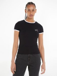 TOMMY JEANS Koszulka w kolorze czarnym rozmiar: S. Czarne bluzki Tommy Jeans, s, bez wzorów, z jeansu, bez kołnierzyka, bez ramiączek. Za 96,60 zł.