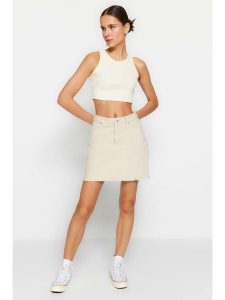 Trendyol Spódnica dżinsowa w kolorze kremowym rozmiar: 40. Brązowe spódnice Trendyol, na co dzień, bez wzorów, z bawełny, klasyczne, mini. Za 69,58 zł.
