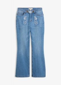 Ludowe jeansy bootcut, mid waist, z haftem. Niebieskie jeansy bonprix, bez wzorów, z jeansu. Za 169,99 zł.