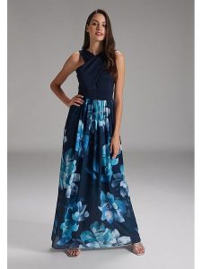 SWING Sukienka w kolorze granatowym rozmiar: 44. Niebieskie sukienki Swing, bez wzorów, bez kołnierzyka, bez ramiączek, maxi, kopertowe. Za 347,99 zł.