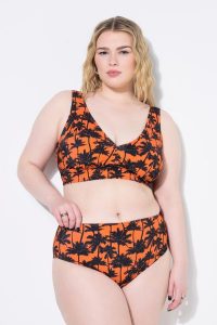 Damskie Figi od bikini wysoki stan nadruk z palmami. Czarne figi Ulla Popken, bez wzorów, z elastanu. Za 91,99 zł.
