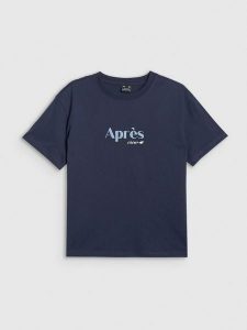 4F T-shirt boxy z nadrukiem damski - granatowy XS. Niebieskie t-shirty 4f, xs, bez wzorów, z bawełny, bez kołnierzyka, bez ramiączek. Za 69,99 zł.