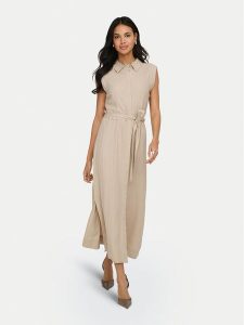 ONLY Sukienka koszulowa Goa 15363697 Beżowy Regular Fit. Brązowe kombinezony ONLY, xs, bez wzorów, ze lnu, bez kołnierzyka, bez ramiączek, koszulowe. Za 229,99 zł.