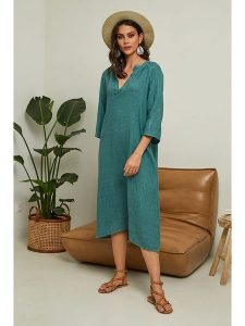 Joséfine Lniana sukienka "Granael" w kolorze zielonym rozmiar: XXL. Zielone sukienki Joséfine, na co dzień, xxl, bez wzorów, ze lnu, bez kołnierzyka, bez ramiączek, midi, proste. Za 195,99 zł.