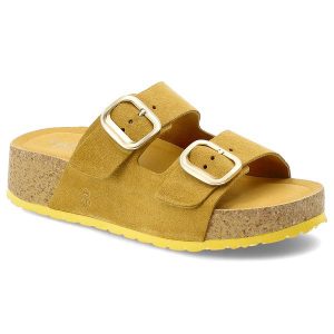 Klapki damskie Yokono, cholewka ze skóry naturalnej zamszowej dwa szerokie paski z regulacją na platformie, żółte, Lanka-003 Ser Mostaza. Żółte klapki Yokono, bez wzorów, ze skóry, bez obcasa, na platformie. Za 249,00 zł.