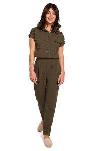 Kombinezon w Stylu Safari - Khaki. Brązowe kombinezony MOE, na lato, l, bez wzorów, z bawełny, bez kołnierzyka, bez ramiączek. Za 274,90 zł.