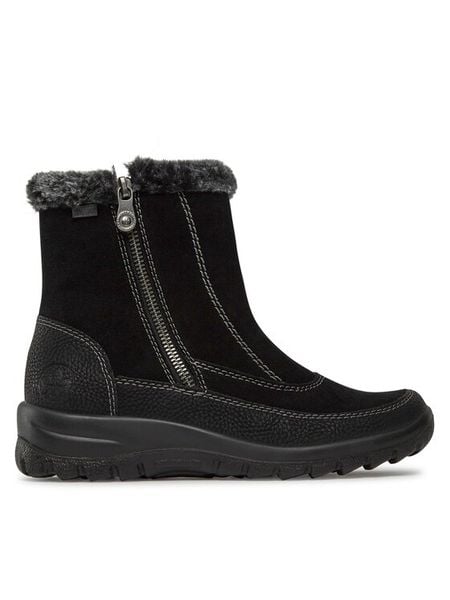 Rieker Botki L7173-00 Czarny. Czarne botki Rieker, bez wzorów, ze skóry, bez obcasa, na płaskiej podeszwie, bez zapięcia. Za 259,99 zł.