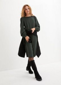 Sukienka z dzianiny punto di roma. Zielone sukienki bonprix, bez wzorów, z dżerseju, eleganckie, bez kołnierzyka, bez ramiączek. Za 109,99 zł.