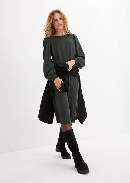 Sukienka z dzianiny punto di roma. Zielone sukienki bonprix, bez wzorów, z dżerseju, eleganckie, bez kołnierzyka, bez ramiączek. Za 124,99 zł.