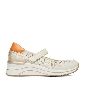 Półbuty Remonte. Brązowe czółenka Remonte, bez wzorów, bez obcasa, na koturnie, bez zapięcia. Za 379,99 zł.