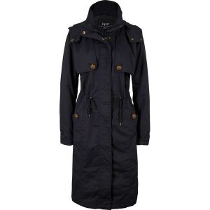 Długi trencz z kapturem i zaznaczoną talią, lekko ocieplany. Czarne płaszcze bonprix, bez wzorów, z kapturem. Za 269,99 zł.