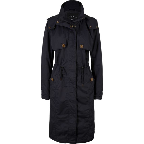 Długi trencz z kapturem i zaznaczoną talią, lekko ocieplany. Czarne płaszcze bonprix, bez wzorów, z kapturem. Za 269,99 zł.
