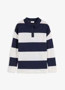 Sweter oversize z kołnierzykiem polo. Niebieskie swetry klasyczne bonprix, z bawełny, bez kołnierzyka. Za 92,99 zł.