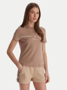 Guess T-Shirt V6GI06 K2967 Beżowy Regular Fit. Brązowe t-shirty Guess, xs, z aplikacjami, z lyocellu, bez kołnierzyka, bez ramiączek. Za 209,99 zł.