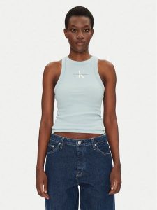 Calvin Klein Jeans Top Monologo J20J225301 Niebieski Slim Fit. Niebieskie topy Calvin Klein Jeans, xxs, bez wzorów, z bawełny, bez kołnierzyka, bez ramiączek. Za 109,99 zł.