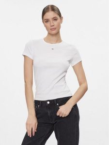 Tommy Jeans T-Shirt Essential DW0DW17383 Biały Slim Fit. Białe t-shirty Tommy Jeans, s, bez wzorów, z bawełny, bez kołnierzyka, bez ramiączek. Za 99,99 zł.