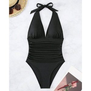 Kostium kąpielowy zakładany na szyję na plażę i basen Georgann. Zielone stroje jednoczęściowe Intica, bez wzorów, z materiału. W wyprzedaży za 129,00 zł.