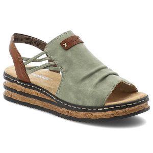 Zielone Sandały Rieker Modne Obuwie Damskie Na Koturnie. Zielone sandały Rieker, bez wzorów, bez obcasa, na koturnie, bez zapięcia. Za 299,00 zł.