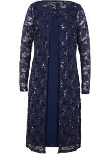 Sukienka z koronką (2 części). Niebieskie sukienki bonprix, bez wzorów, z koronki, bez kołnierzyka, bez ramiączek. Za 249,99 zł.