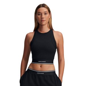 Top treningowy damski Under Armour Meridian Rib Branded Tank. Czarne koszulki sportowe Under Armour, bez wzorów, bez ramiączek. Za 129,99 zł.