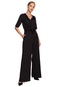 Kombinezon z Szerokimi Nogawkami - Czarny. Czarne kombinezony MOE, l, bez wzorów, z lycry, eleganckie, bez kołnierzyka, bez ramiączek. Za 314,90 zł.