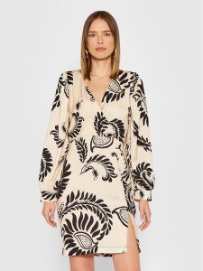 Rinascimento Sukienka koktajlowa CFC0018079002 Beżowy Regular Fit. Brązowe sukienki Rinascimento, m, bez wzorów, z syntetyku, wizytowe, bez kołnierzyka, bez ramiączek. Za 549,99 zł.