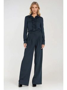 Nife Spodnie w kolorze granatowym rozmiar: 38. Niebieskie spodnie z wysokim stanem Nife, bez wzorów, z materiału, z podwyższonym stanem. Za 213,18 zł.