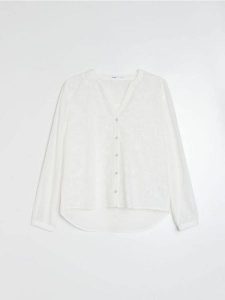 Bawełniana koszula z haftowanym wzorem - biały. Białe koszule Sinsay, l, bez wzorów, z bawełny, bez kołnierzyka, bez ramiączek. Za 49,99 zł.