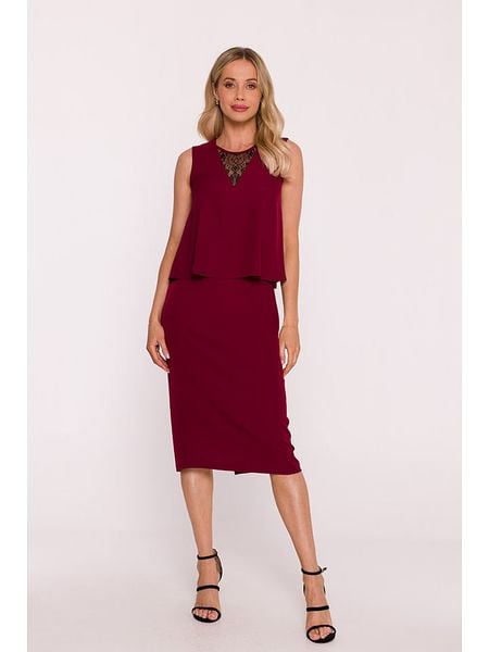 Stylove Sukienka w kolorze bordowym rozmiar: M. Czerwone sukienki Stylove, na co dzień, m, bez wzorów, z koronki, bez kołnierzyka, bez ramiączek, midi, proste. Za 249,76 zł.