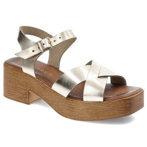 Złote Sandały Armodo Eleganckie Obuwie Damskie Na Obcasie. Żółte sandały Armodo, bez wzorów, z jeansu, bez obcasa, na obcasie, bez zapięcia. Za 229,00 zł.