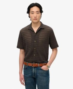 Superdry Koszula Knitted Texture w czarnym szydełkowym wzorze. Czarne koszule Superdry, l, bez wzorów, z bawełny, bez kołnierzyka, bez ramiączek. Za 238,00 zł.