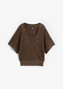 Sweter ażurowy z połyskiem. Brązowe swetry klasyczne bonprix, bez kołnierzyka. Za 117,99 zł.