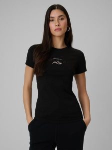 4F T-shirt slim z nadrukiem damski - czarny S. Czarne t-shirty 4f, l, bez wzorów, z jeansu, bez kołnierzyka, bez ramiączek. Za 49,99 zł.