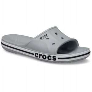 Klapki Dla Dorosłych Crocs Bayaband Slide. Szare klapki Crocs, bez wzorów, z materiału, bez obcasa. Za 129,99 zł.
